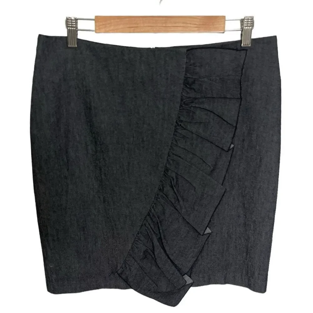 Sandro Sportswear Black Chambray Ruffle Straight Skirt Size 12 Zipper Back